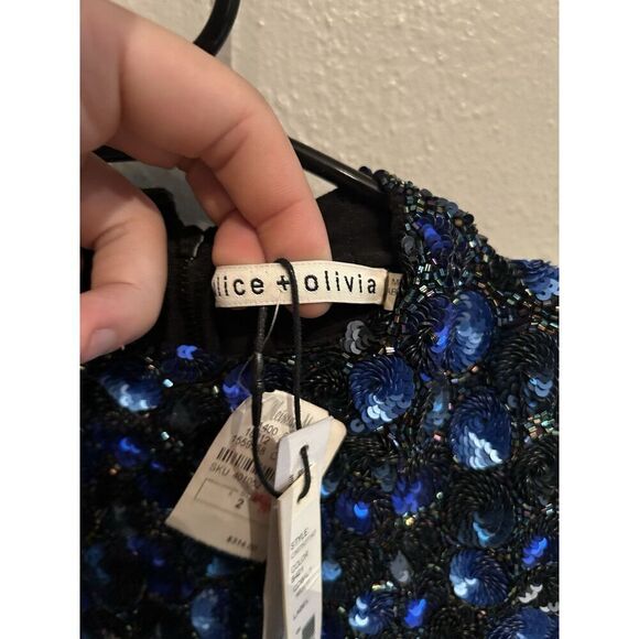 Alice + Olivia Stacey Bendet Sequin Dress Cobalt Blue Black Midi Sheath Size 2 - Picture 6 of 9